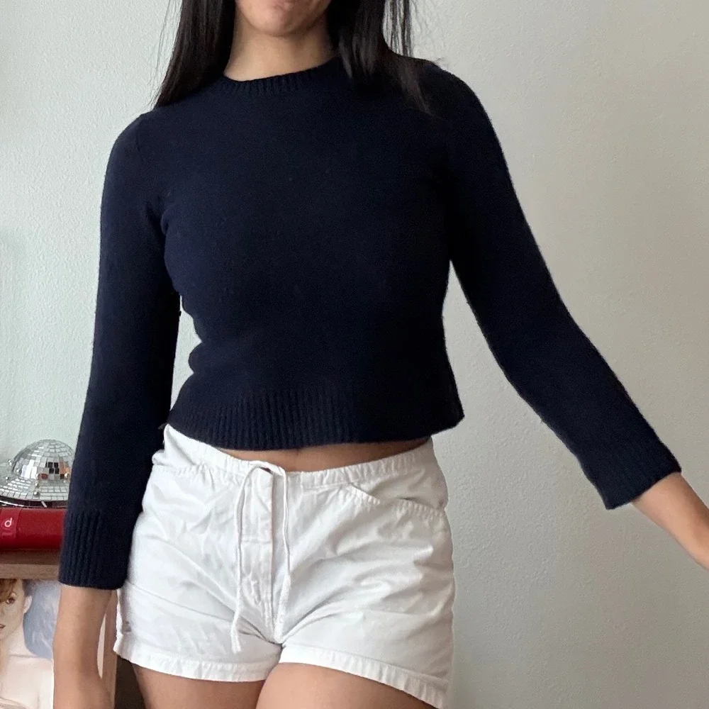 J.Crew Navy Blue 100% Lambswool Crewneck‎ Sweater Slim Fit Cropped Knit
